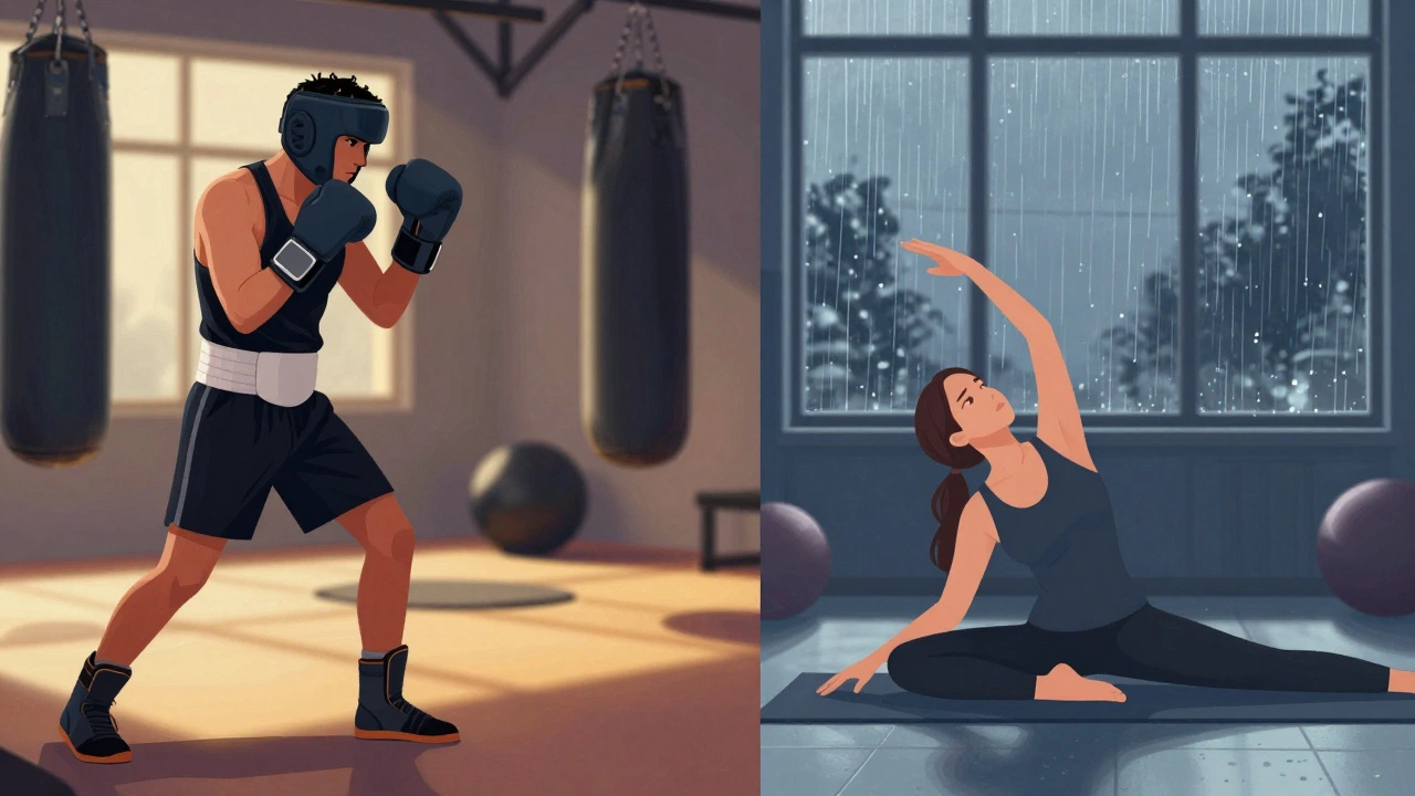Полупрофессиональный боксер в процессе спарринга и восстановления — йога на фоне дождевого окна.