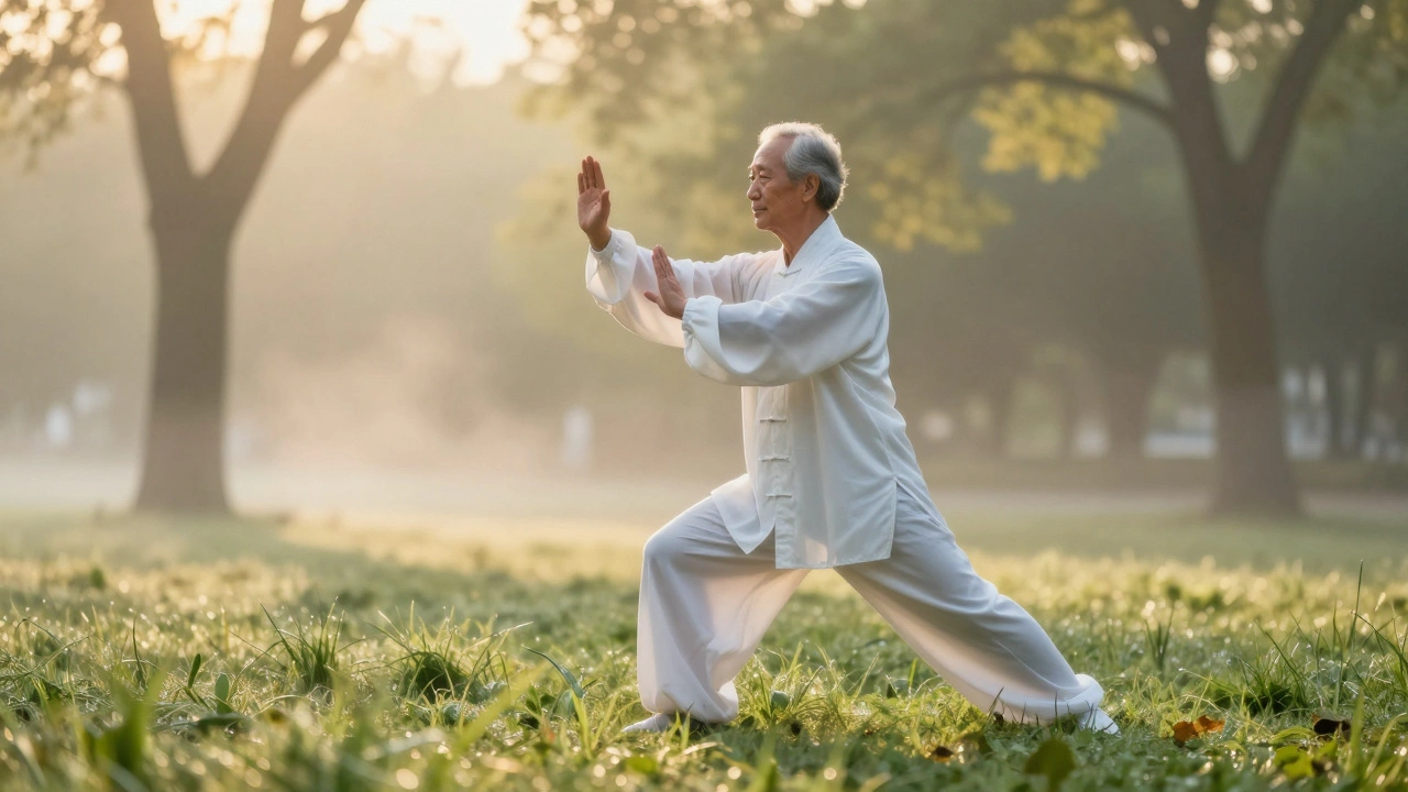 Пожилой человек занимается тайчи на рассвете в парке, плавные движения, туман и золотой свет.
