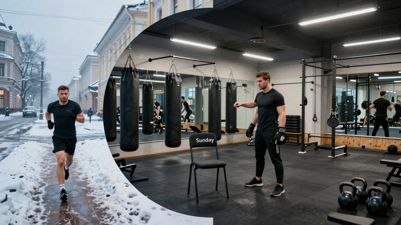 Профессиональный боксер в течение дня: утренний бег, тренировка в зале, силовая работа, пустой стул с надписью &#039;Воскресенье&#039;.