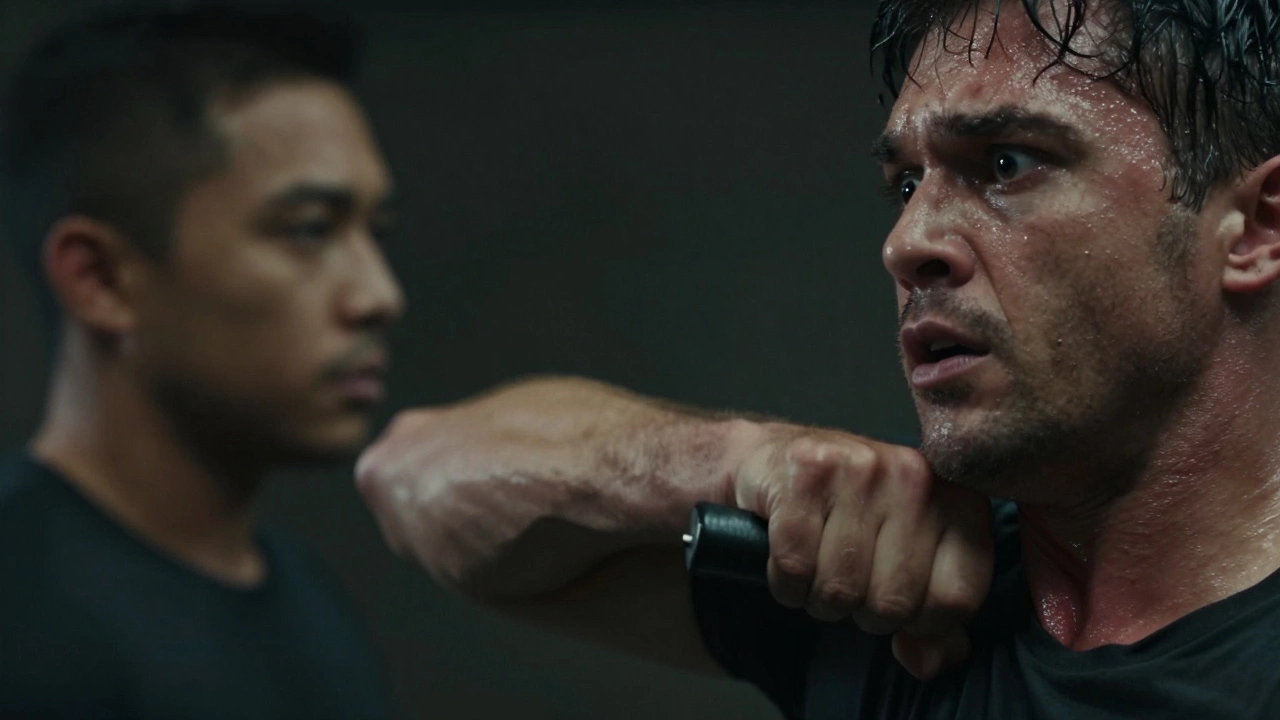 Резкий удар локтем в сторону шеи нападающего, выражение шока на лице.