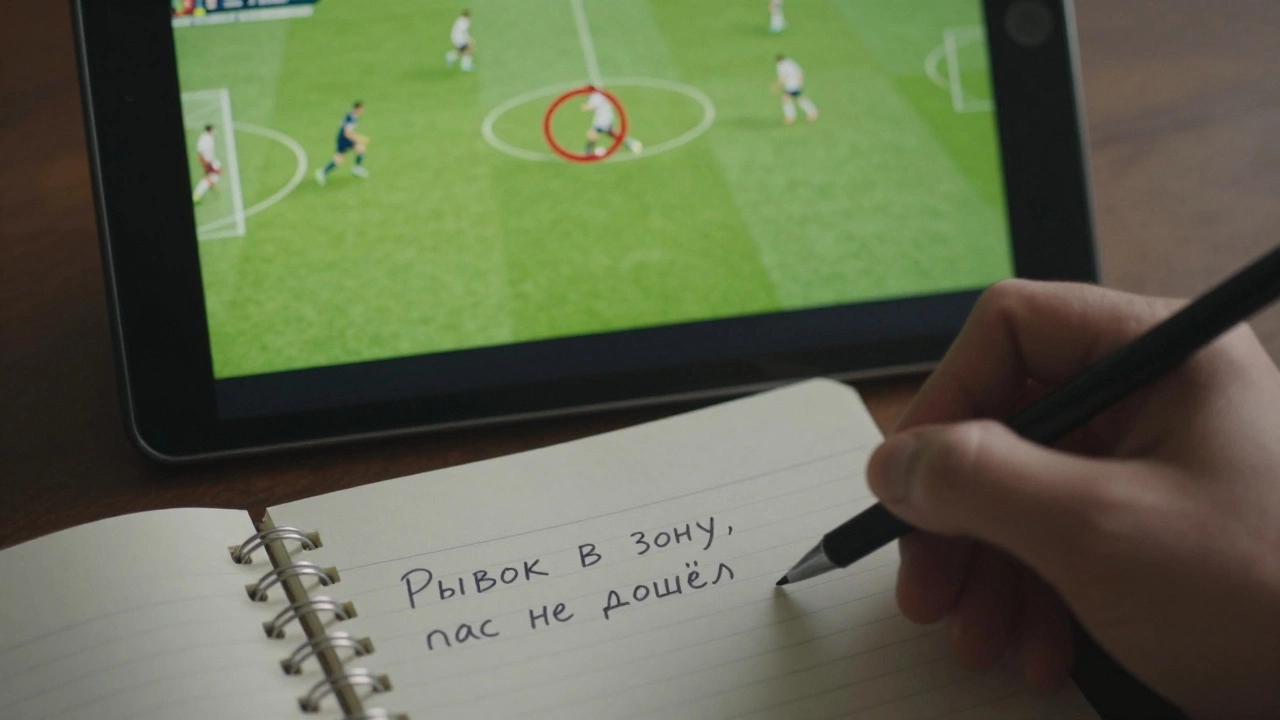 Рука записывает наблюдения в блокнот во время паузы видеофрагмента футбольного матча.