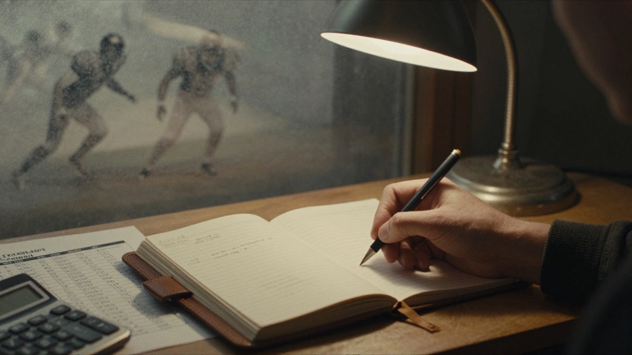 Рука записывает ставки в блокноте под светом лампы, рядом — расписание матчей.