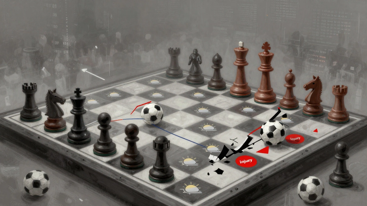 Шахматная доска с футбольными элементами: тренеры как короли, травмы как разрушенные фигуры, погода как квадраты.