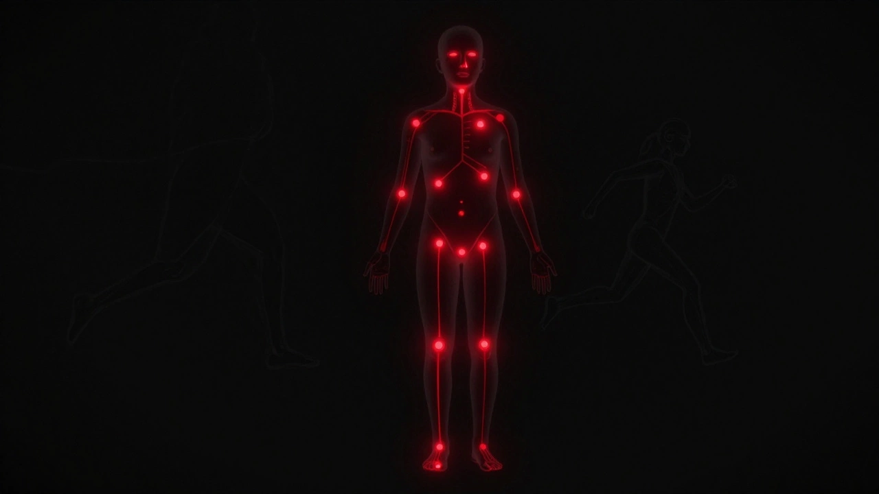Схема человеческого тела с подсвеченными болевыми точками для самообороны.