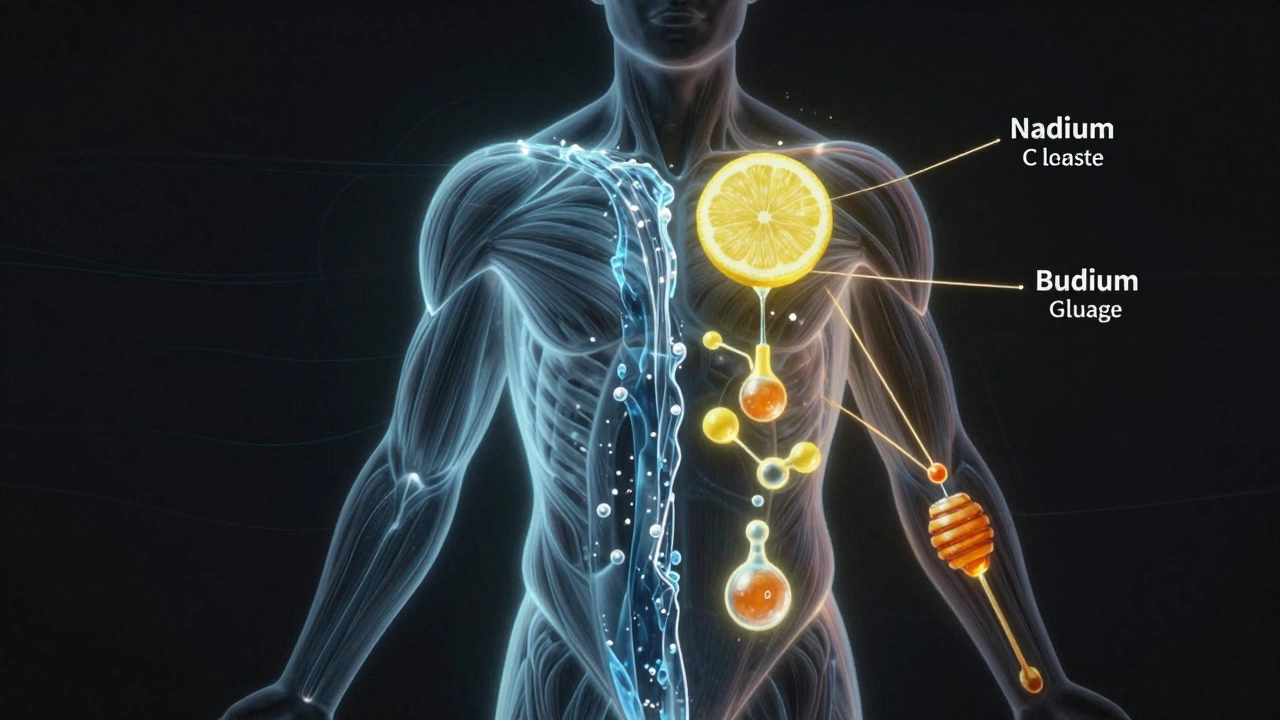 Схема тела с потоками воды, витамина С и электролитов во время тренировки.