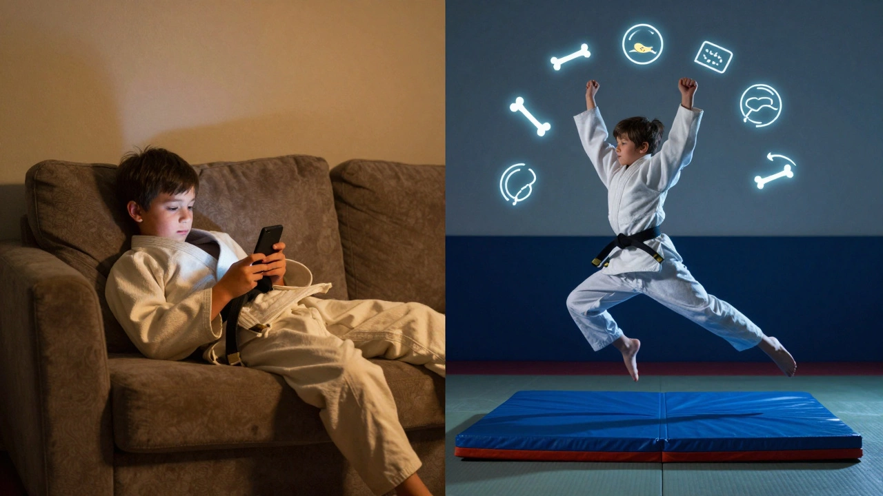 Сравнение: ребенок, занимающийся дзюдо, и тот же ребенок, сидящий за телефоном.
