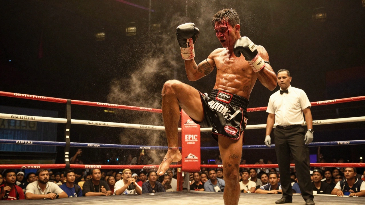 Тайский боксер стоит на одной ноге в ринге, несмотря на тяжелую травму.