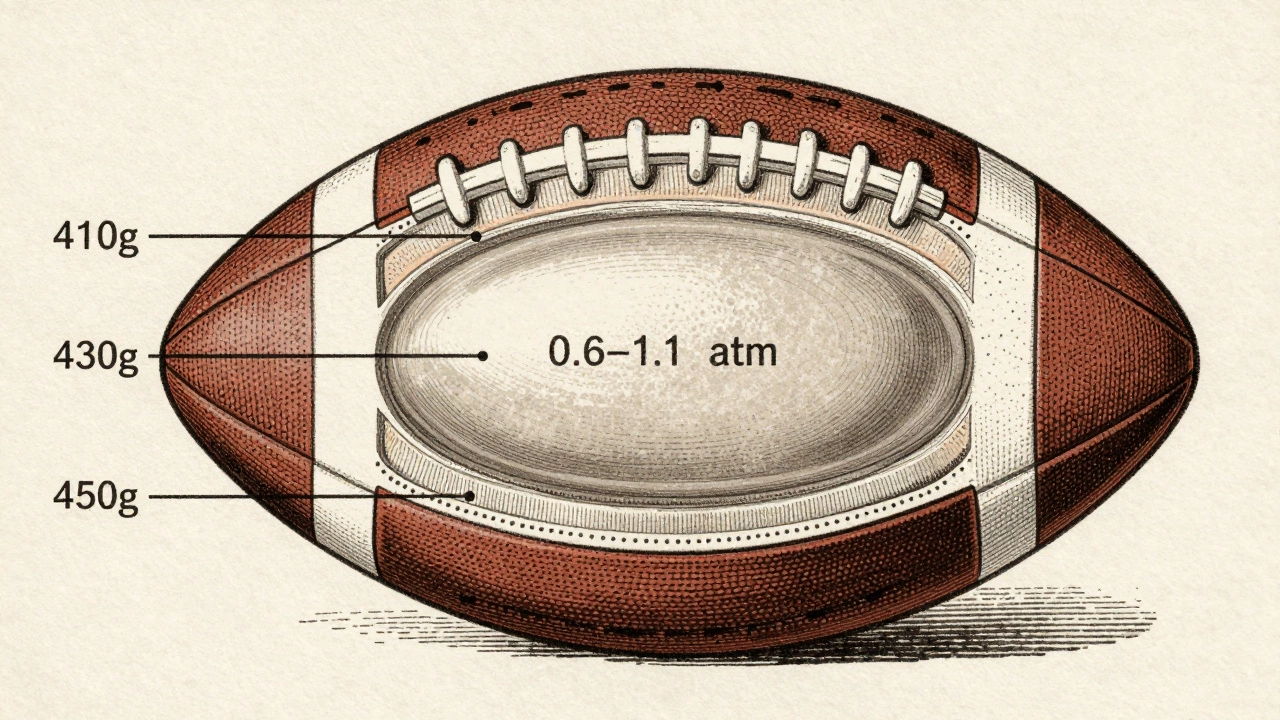 Технический разрез футбольного мяча с обозначением веса и давления в стиле старинной схемы.