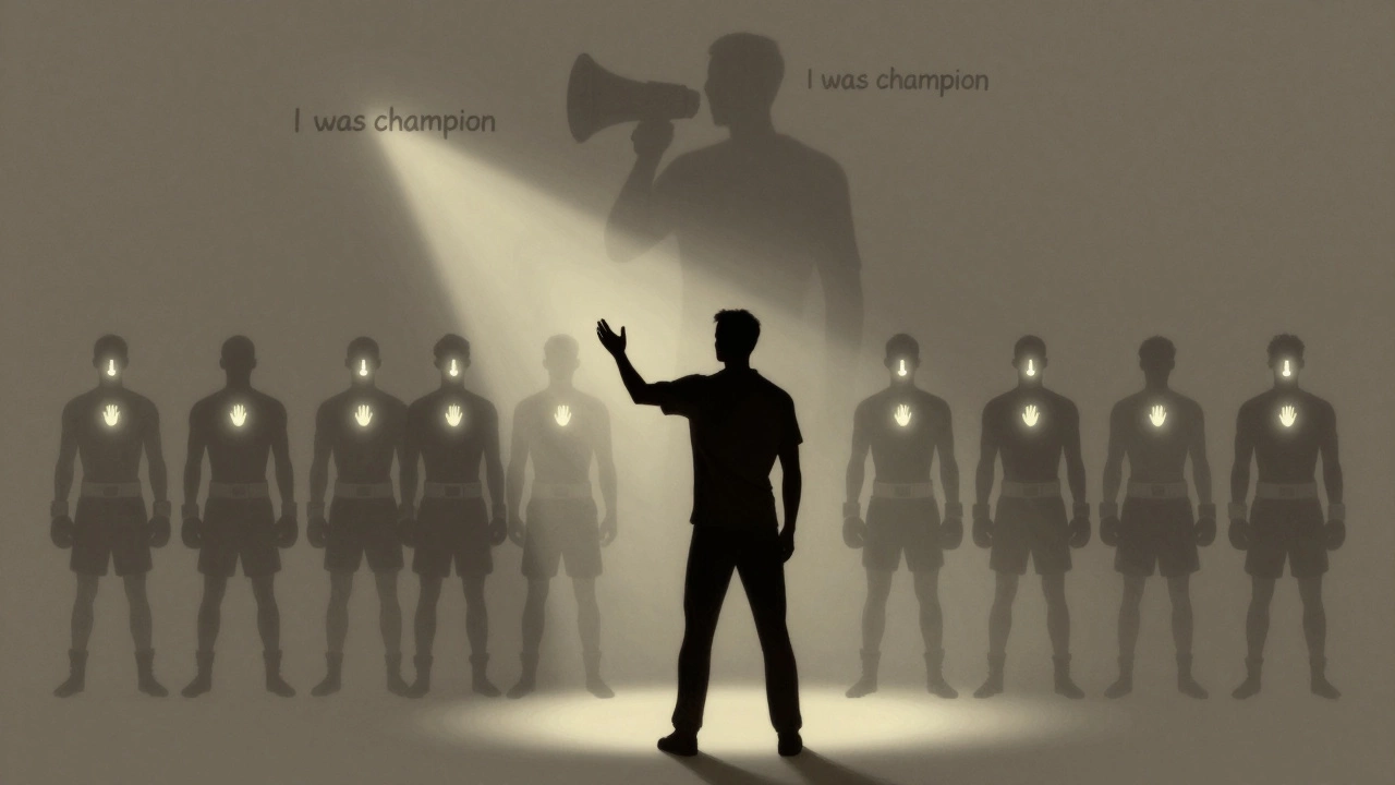 Тренер стоит за боксёрами, их прогресс светится, в тени — фигура, хвастающая прошлым.