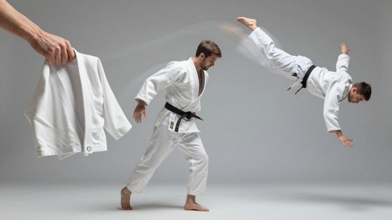 Три фазы движения дзюдо: захват, поворот, падение — в прозрачных слоях, без оружия и силы.