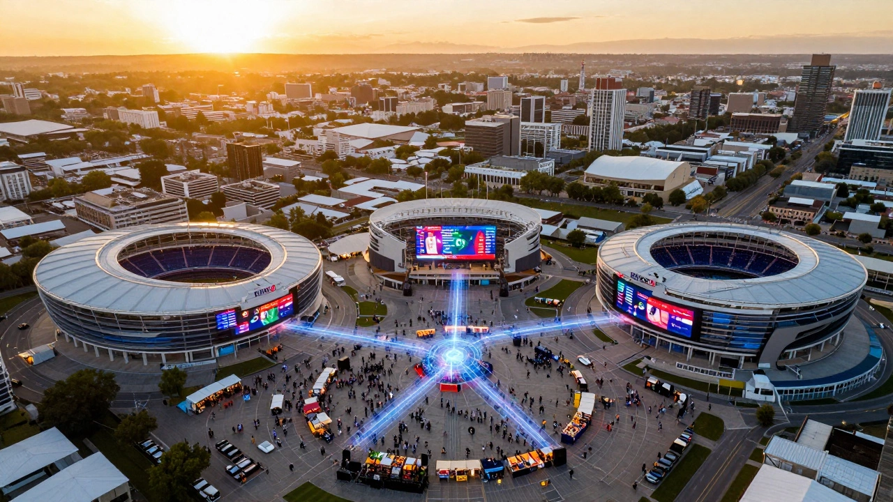 Воздушный вид фан-зон в Торонто, Лос-Анджелесе и Гвадалахаре с цифровыми связями между ними.