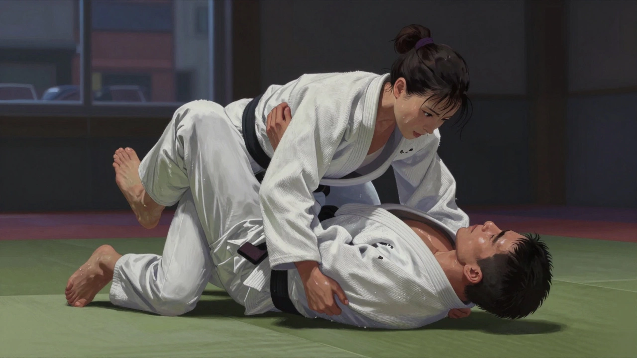 Женщина контролирует крупного противника на земле в технике осае-коми, спокойное выражение лица.