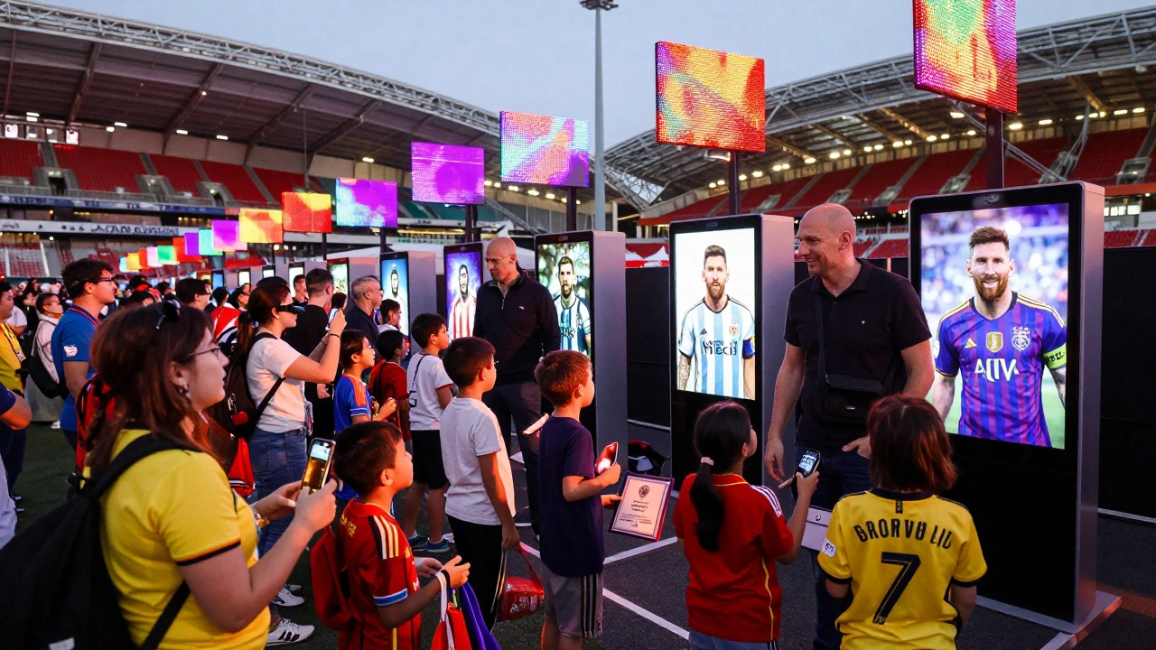 Зона Fan Experience у Уэмбли: болельщики взаимодействуют с виртуальными легендами футбола и получают мерч.