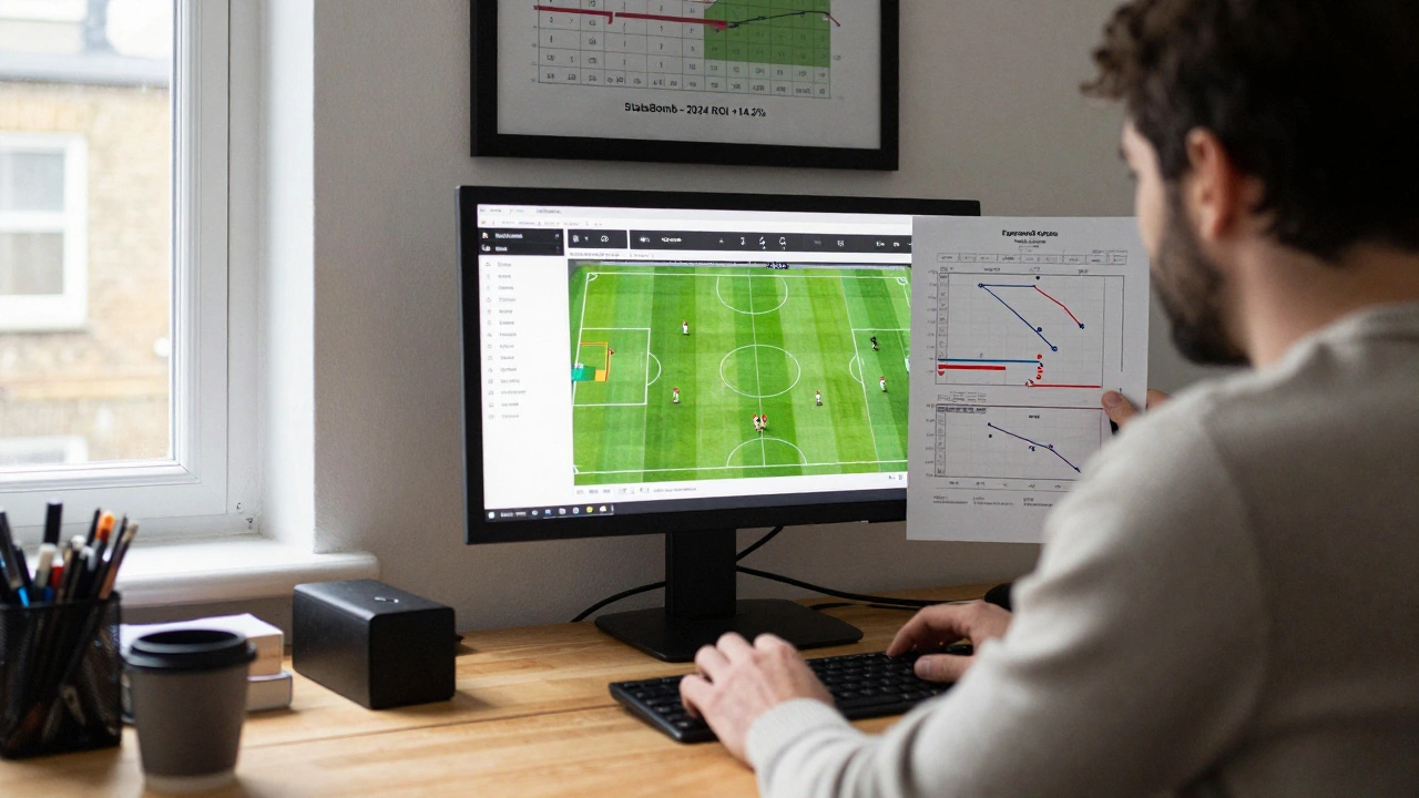Аналитик в Лондоне изучает графики по футболу в спокойной обстановке.