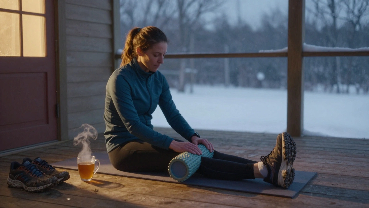 Бегун растягивается на веранде вечером, рядом — пенополиэтиленовый валик и чашка чая, за окном — снег.
