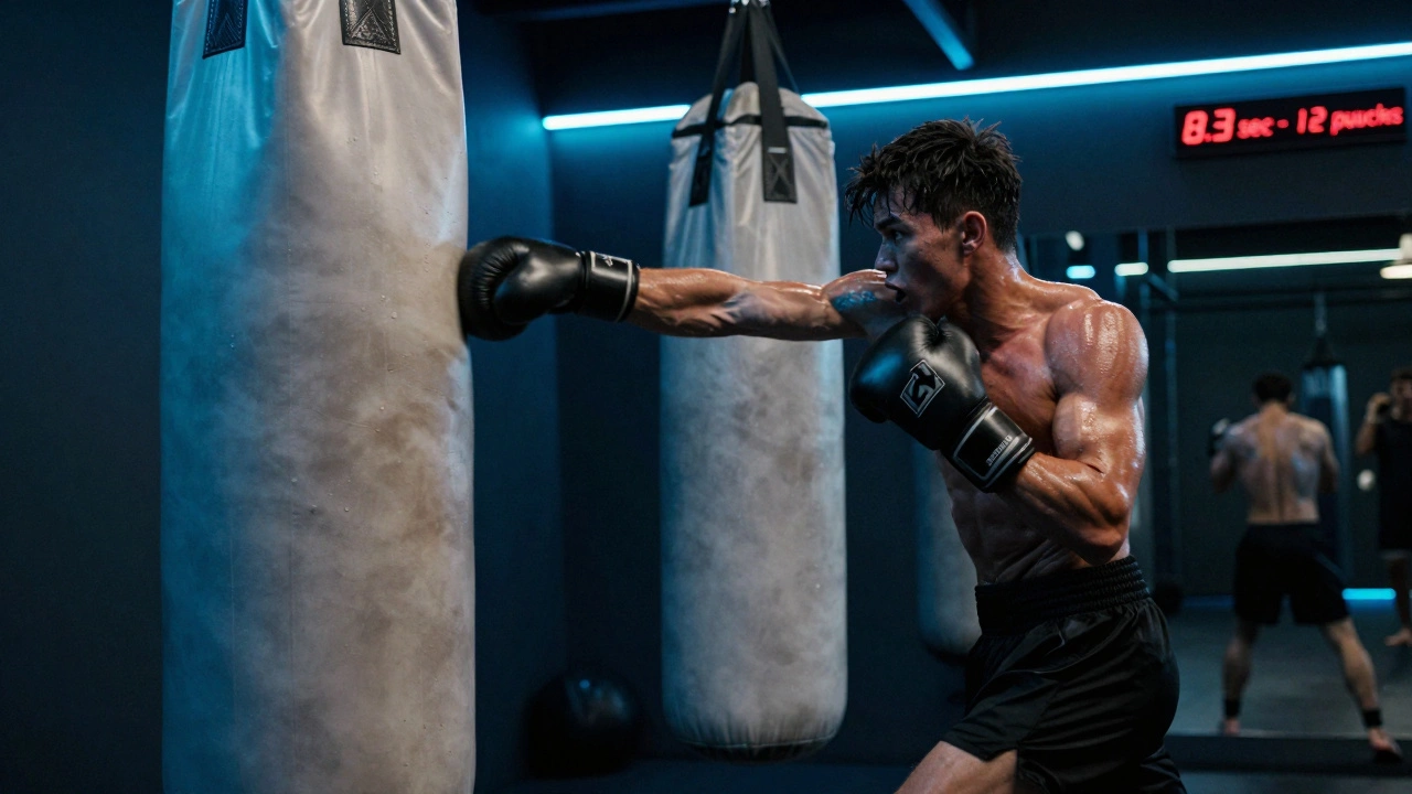 Боксёр быстро бьёт лёгкий мешок, руки размыты от скорости, включён таймер.