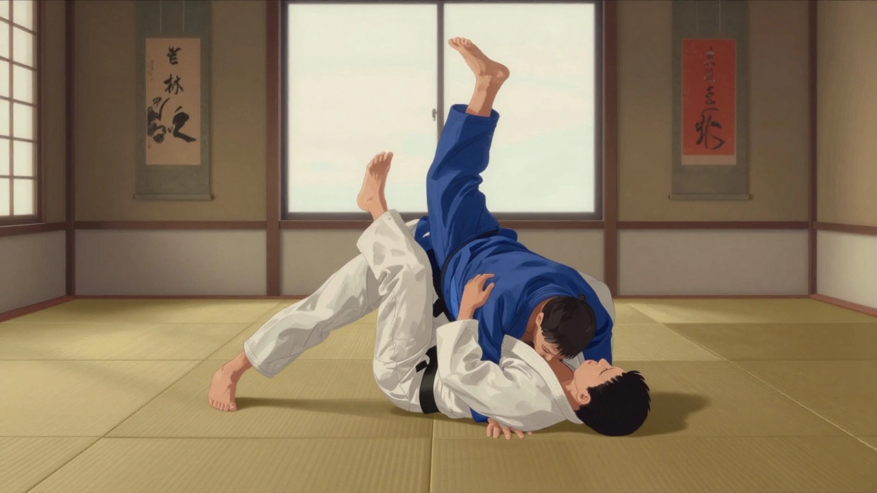 Человек выполняет бросок в дзюдо на деревянном мате в додзё.