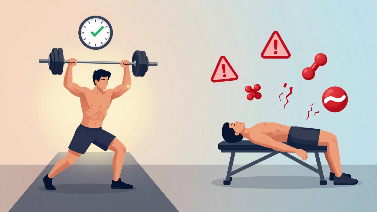 Два пути: один — активная тренировка с символами восстановления, другой — истощение и предупреждающие знаки.