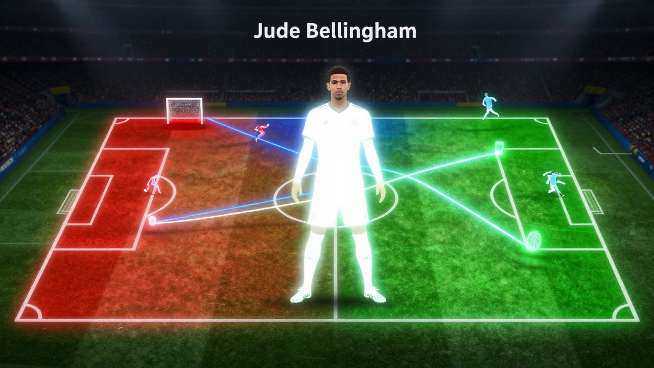 Джуд Беллингем в центре поля, его фигура соединяет три зоны: атака, полузащита, оборона, вокруг — символы его действий.