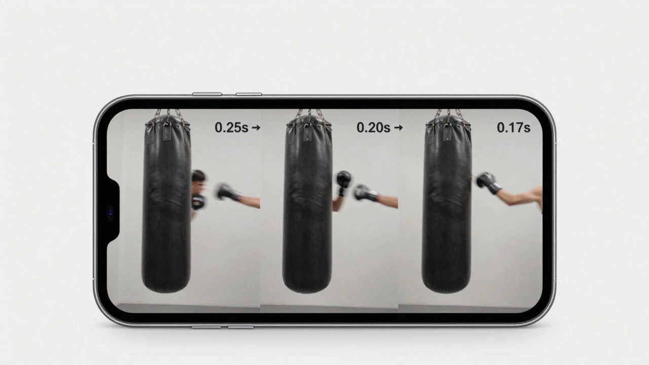 Экран телефона с замедленной съемкой трех ударов по мешку, показывающей прогрессию времени удара.
