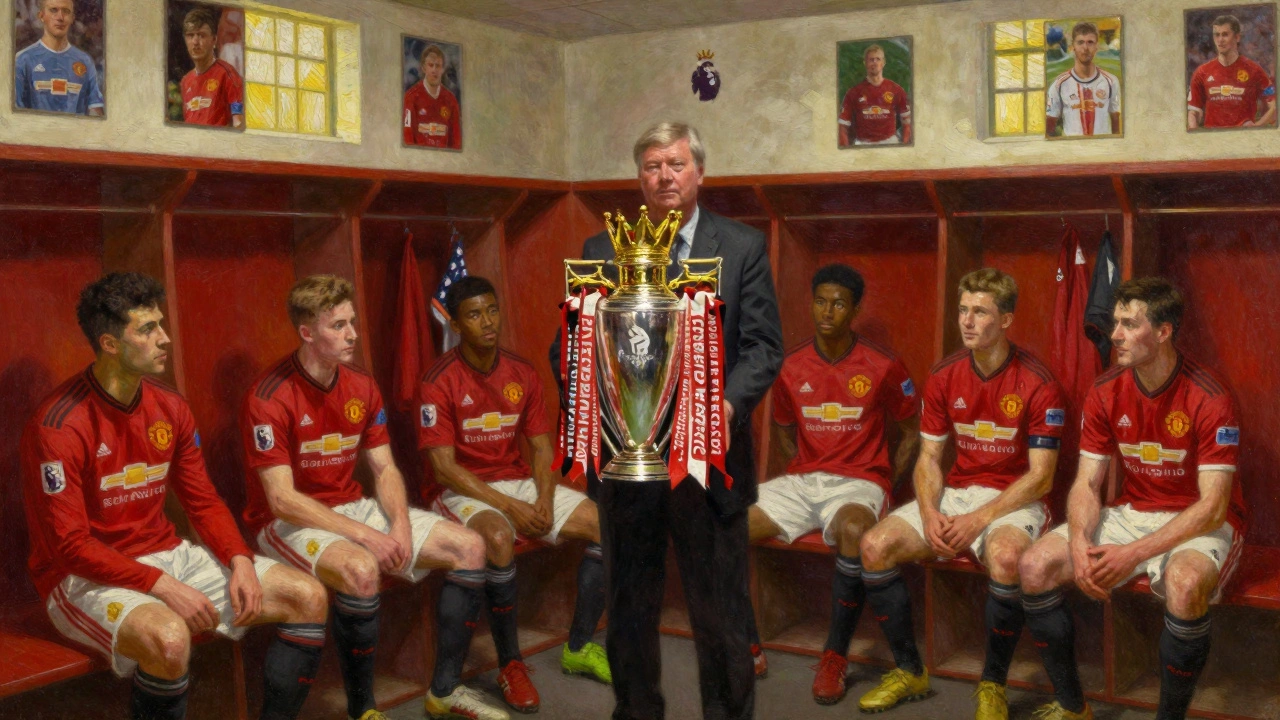 Фергюсон держит 13-й титул в раздевалке, рядом — фото прошлых побед, тёплый свет.