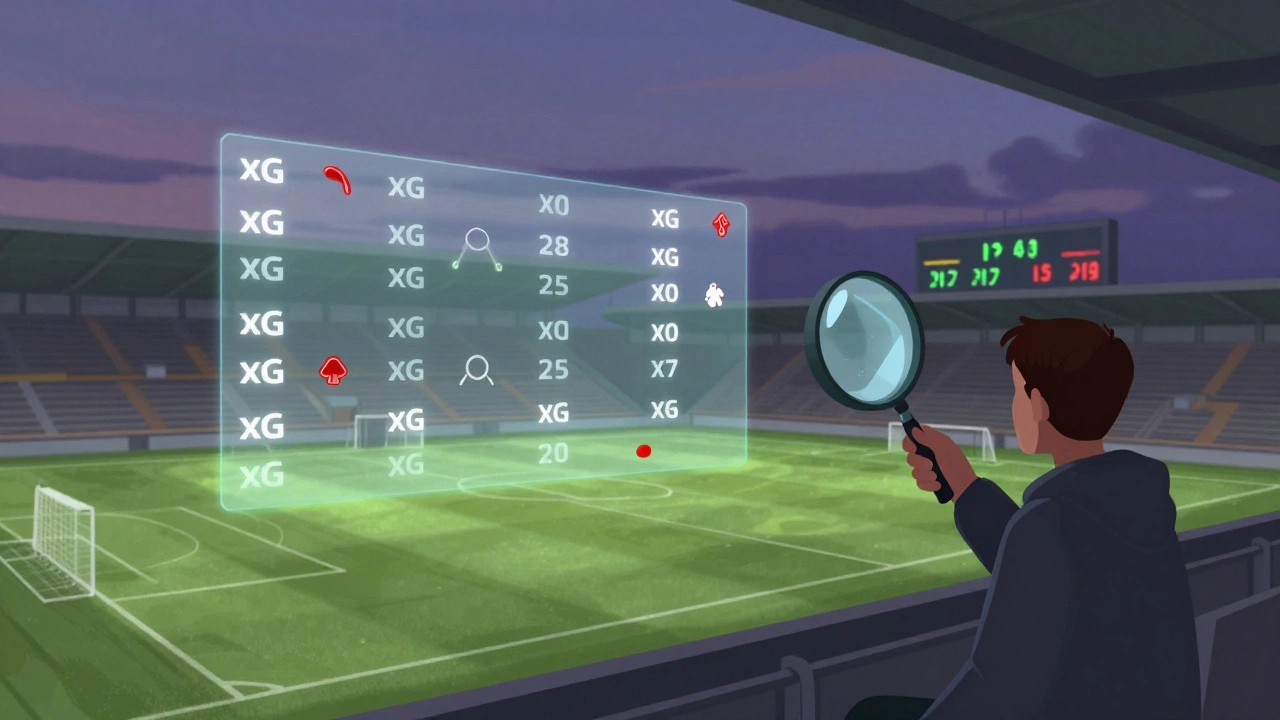 Футбольное поле с прозрачными статистическими данными, над которым человек с лупой изучает расхождения между коэффициентами и реальной формой.