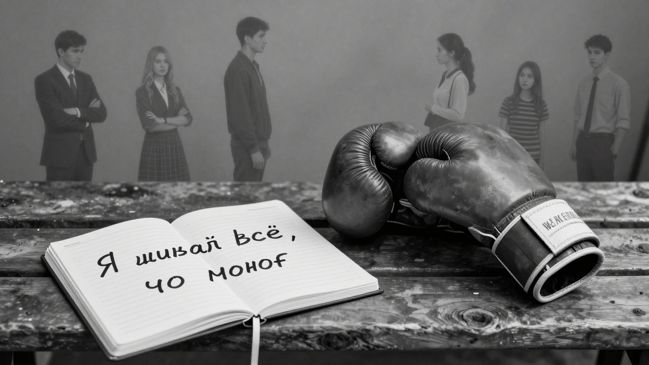 Изношенные боксёрские перчатки лежат рядом с открытой тетрадью, вокруг — силуэты обычных людей.