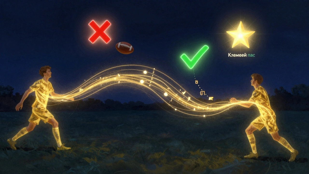 Ключевой пас изображен как светящаяся нить с данными, соединяющая двух игроков на поле.