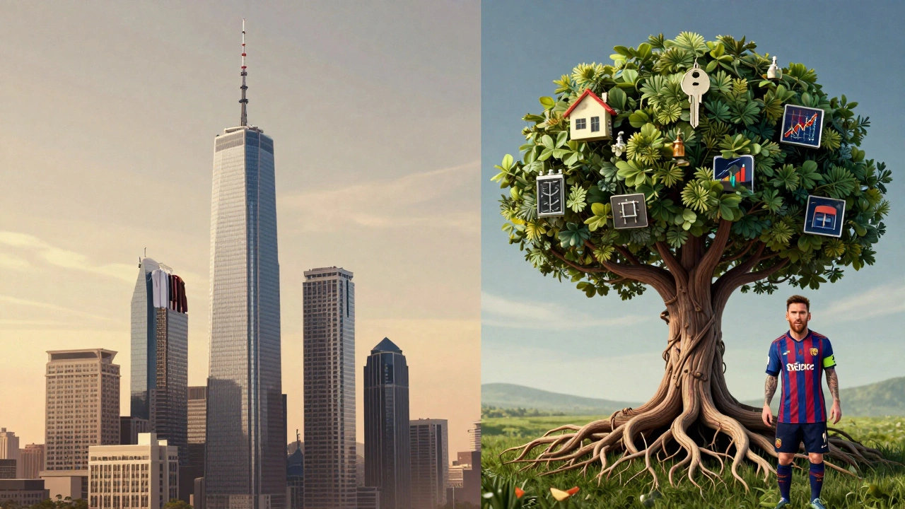 Контраст: бренд Бекхэма как небоскрёб и активы Месси как растущее дерево с корнями.