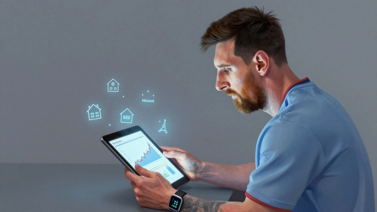 Лионель Месси смотрит на план инвестиций, вокруг него — символы недвижимости и биотехнологий.