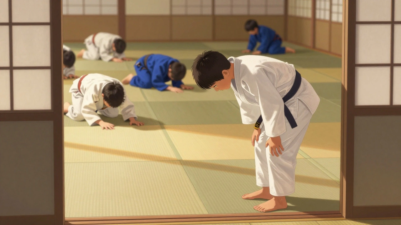 Мальчик кланяется перед входом в зал дзюдо, другие дети тренируются в тишине.