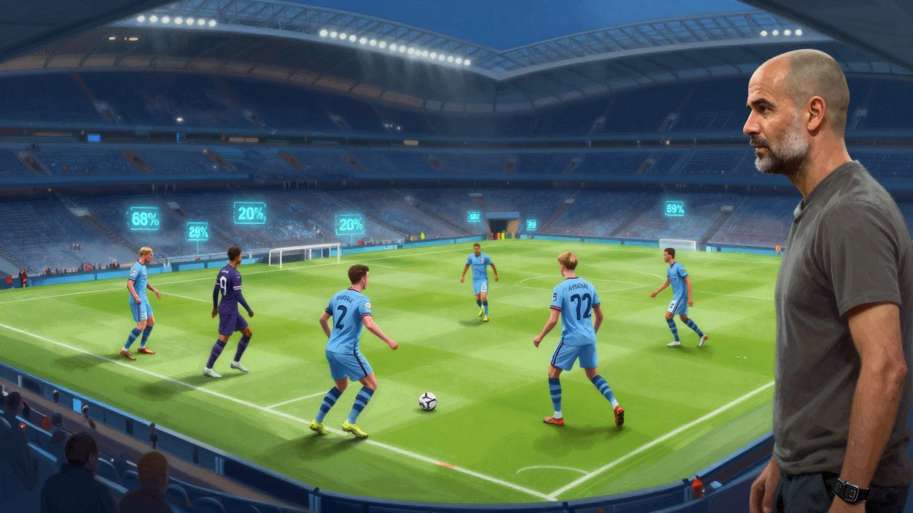 Манчестер Сити в действии во время чемпионского сезона 2020-2023 с высоким владением мячом.