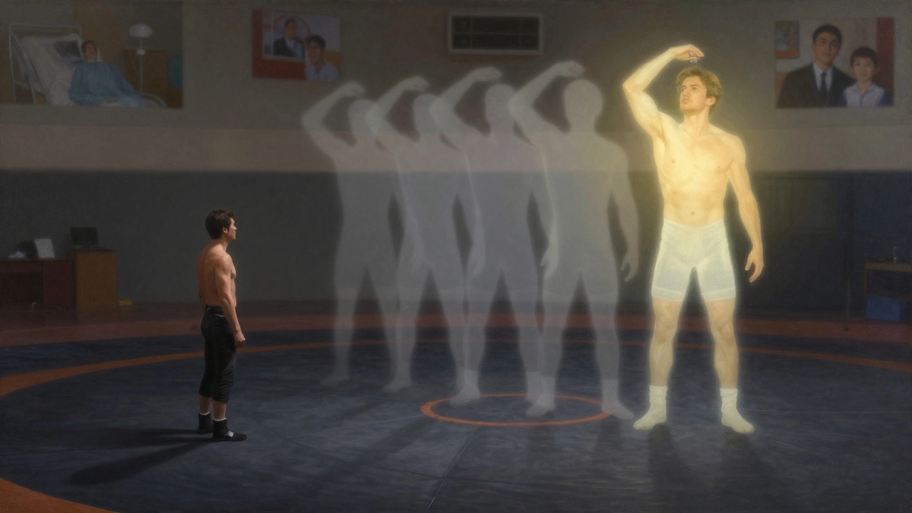 Мужчина 40 лет стоит на ковре, его тень оставляет молодые версии себя, а свет символизирует внутреннее преображение.