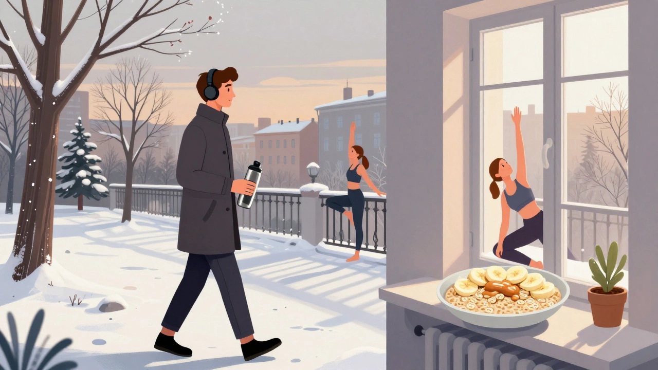 Мужчина гуляет в снежном парке зимним вечером, женщина делает йогу на балконе.