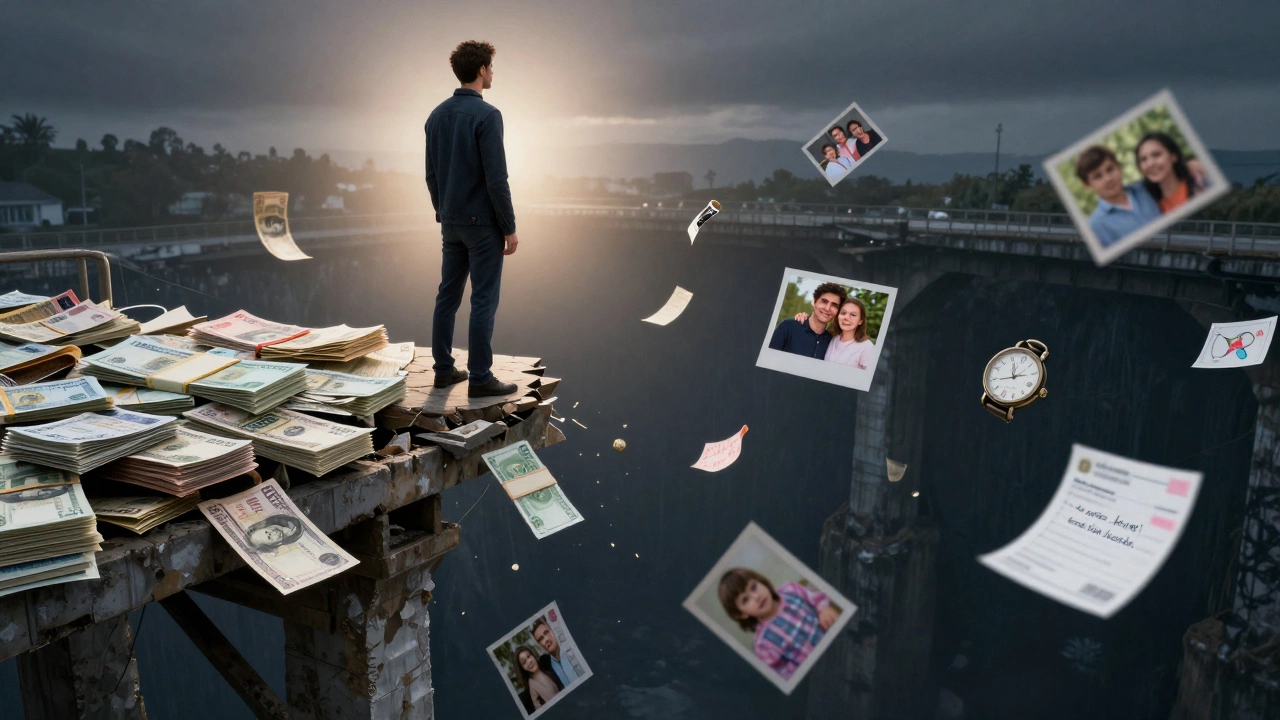 Мужчина на краю моста из денег и ставок, внизу — семейные фотографии и медицинские рецепты.