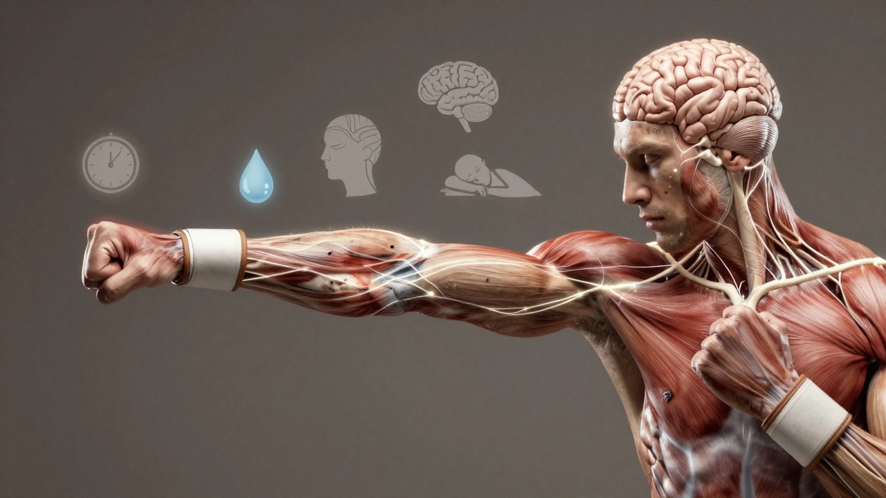 Нервные импульсы светятся в руке боксёра, символизируя связь мозга и движения.