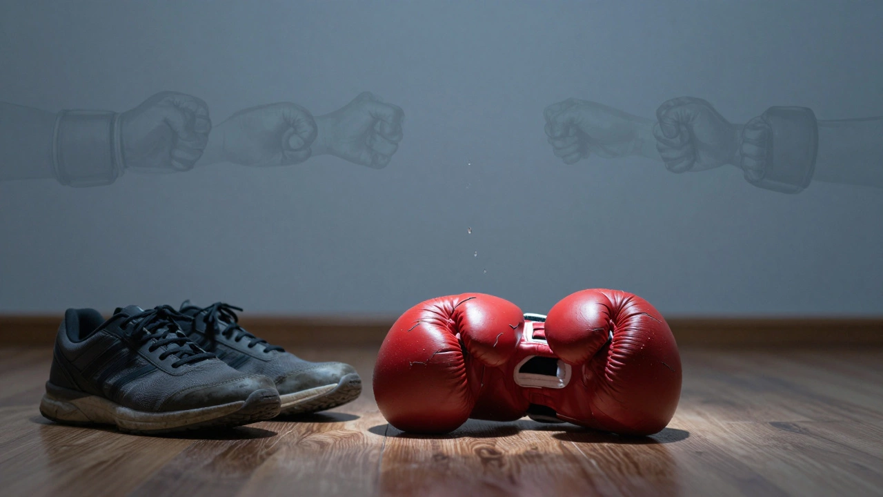 Разбитая боксерская перчатка и потертые кроссовки на полу, символизирующие перетренированность.