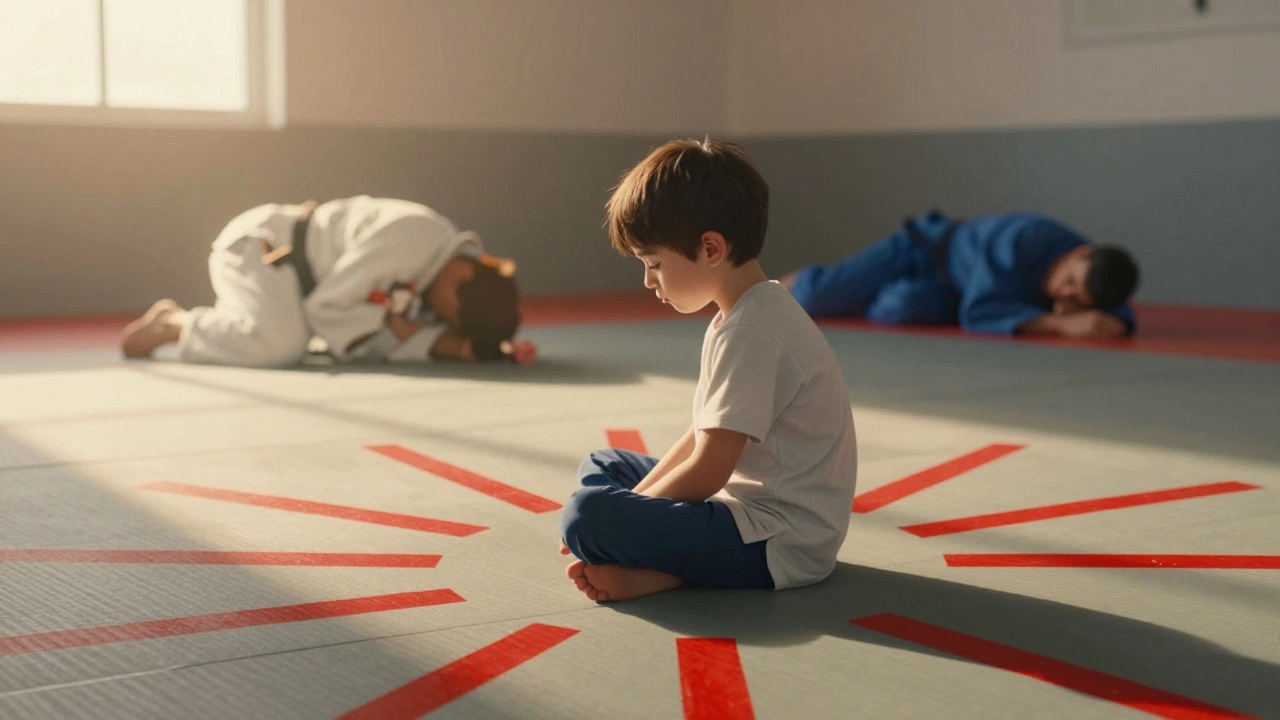 Ребёнок с аутизмом сидит на коврике, вокруг — предупреждающие линии