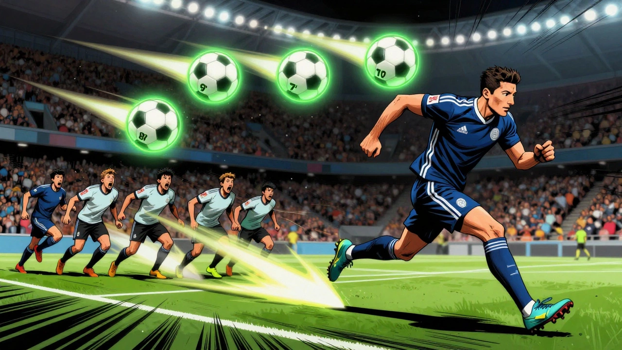 Роберт Левандовски забивает четыре гола за 10 минут, мячи оставляют световые следы, защитники в шоке.