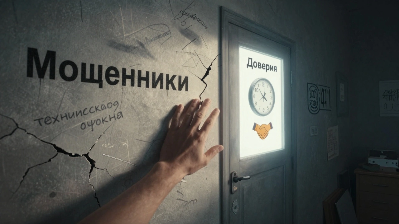 Рука тянется к двери доверия с лицензией и часами, сквозь стену мошенников.