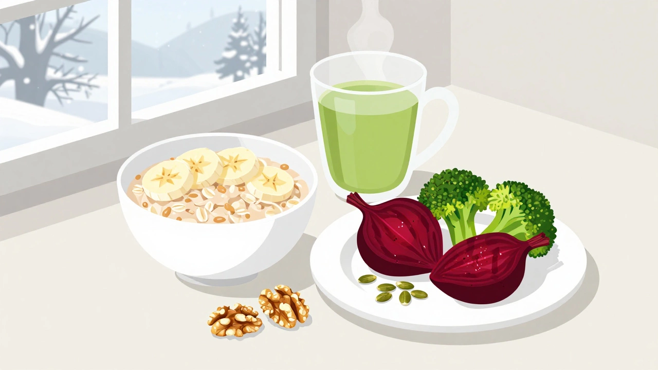 Сбалансированный завтрак для выносливости: овсянка, банан, грецкие орехи и зелёный чай.