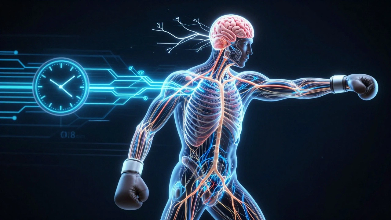 Схема нервных импульсов, бегущих от мозга к кулаку боксера, символизирующая скорость реакции.