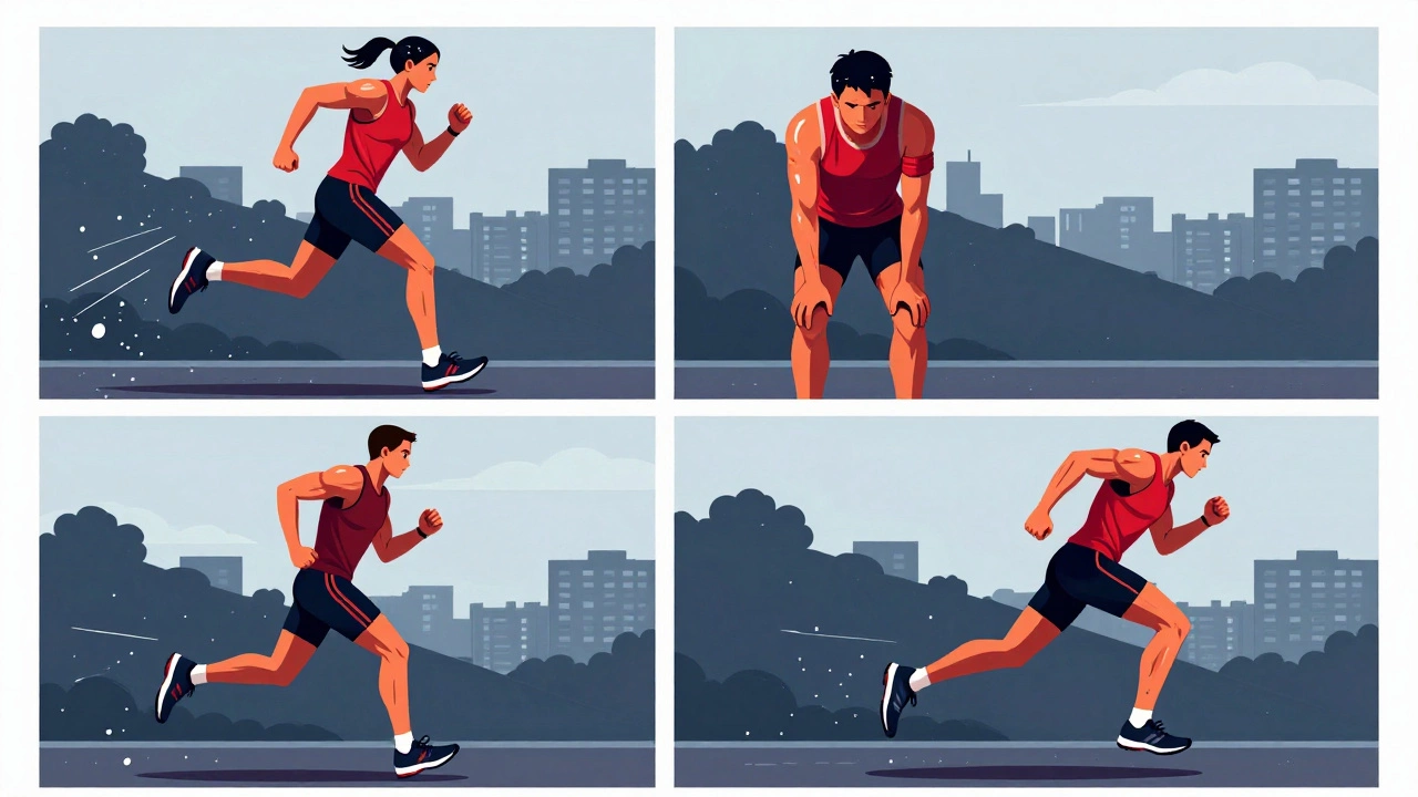 Схематичное изображение бегуна на подъёме: четыре фазы интервальной тренировки с динамикой движения.