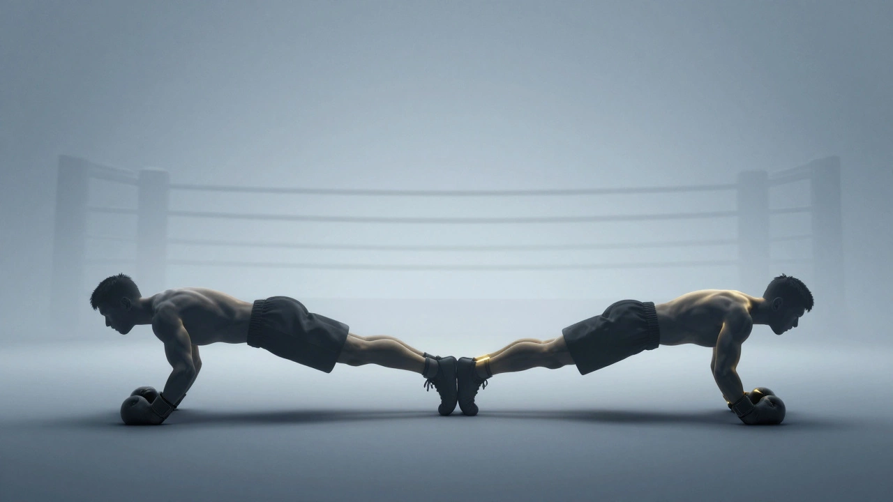 Силуэт боксера, составленный из повторений отжиманий, постепенно растворяющийся в ринге.