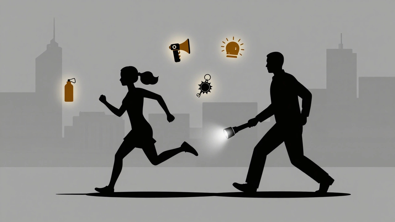 Силуэт женщины бежит, рядом с ней пять символов средств самозащиты — свет, звук, шок, аэрозоль, брелок.