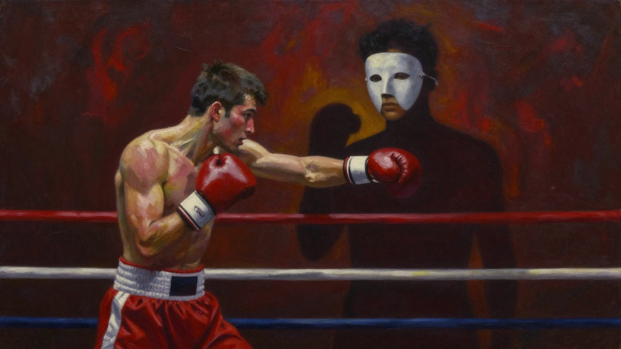 Тень боксёра за его спиной показывает, как он снимает маски, раскрывая настоящее лицо.