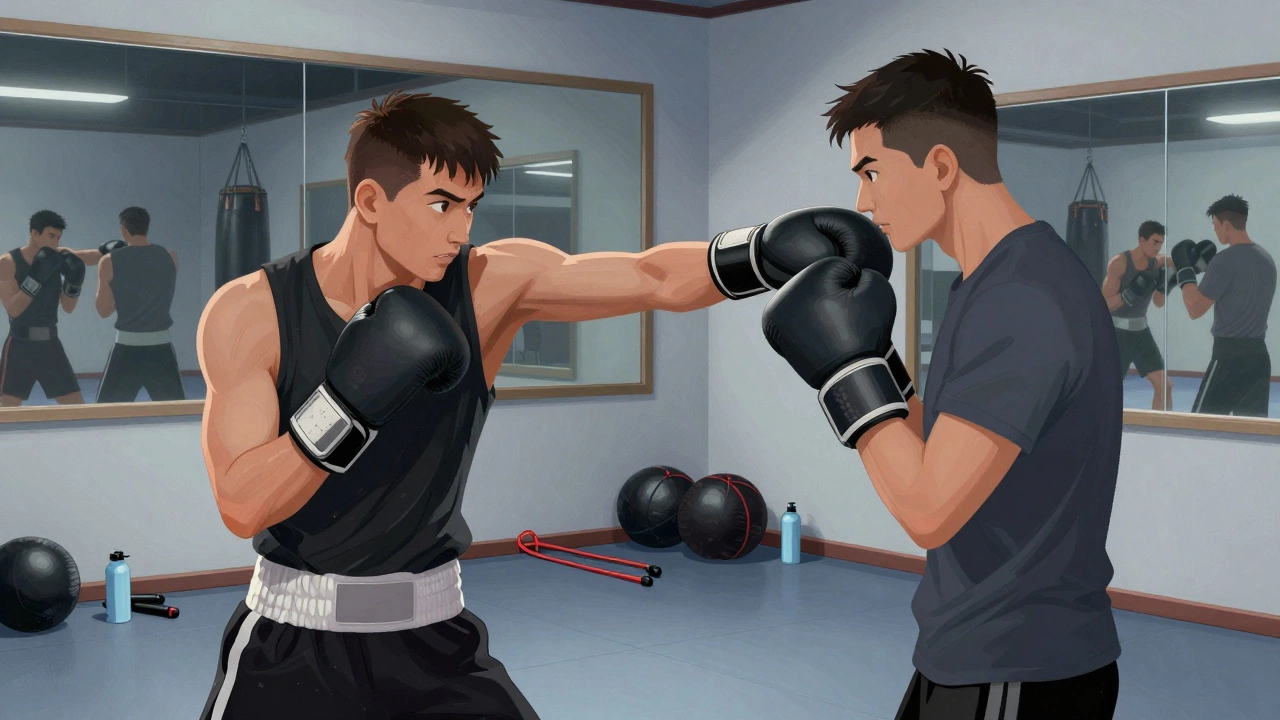 Тренер наблюдает за бойцом во время спарринга, анализируя технику.