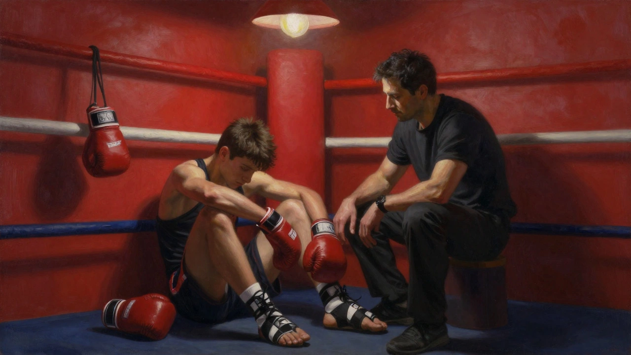 Тренер сидит рядом с учеником после поражения, поддерживая его молчанием.