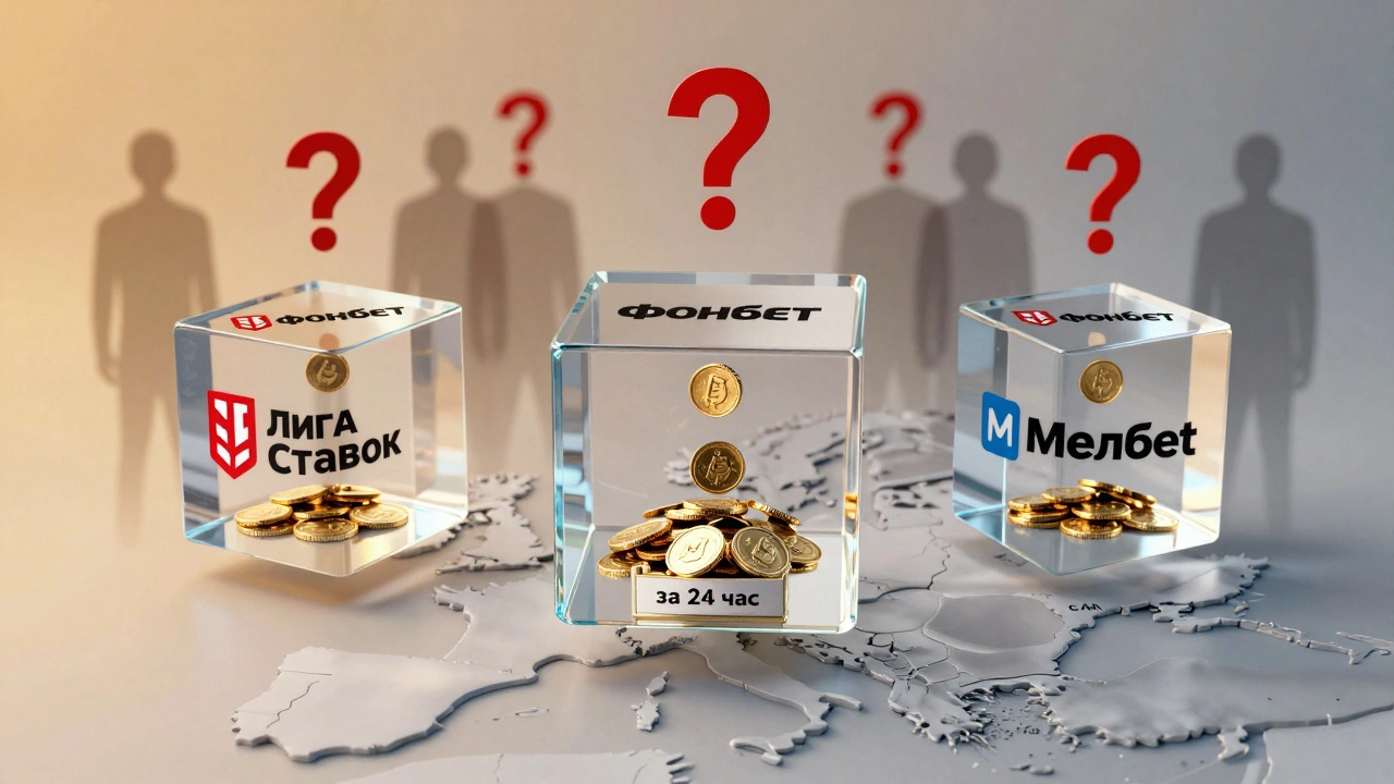 Три надёжных букмекера в прозрачных кубах с падающими монетами над картой России и Европы.