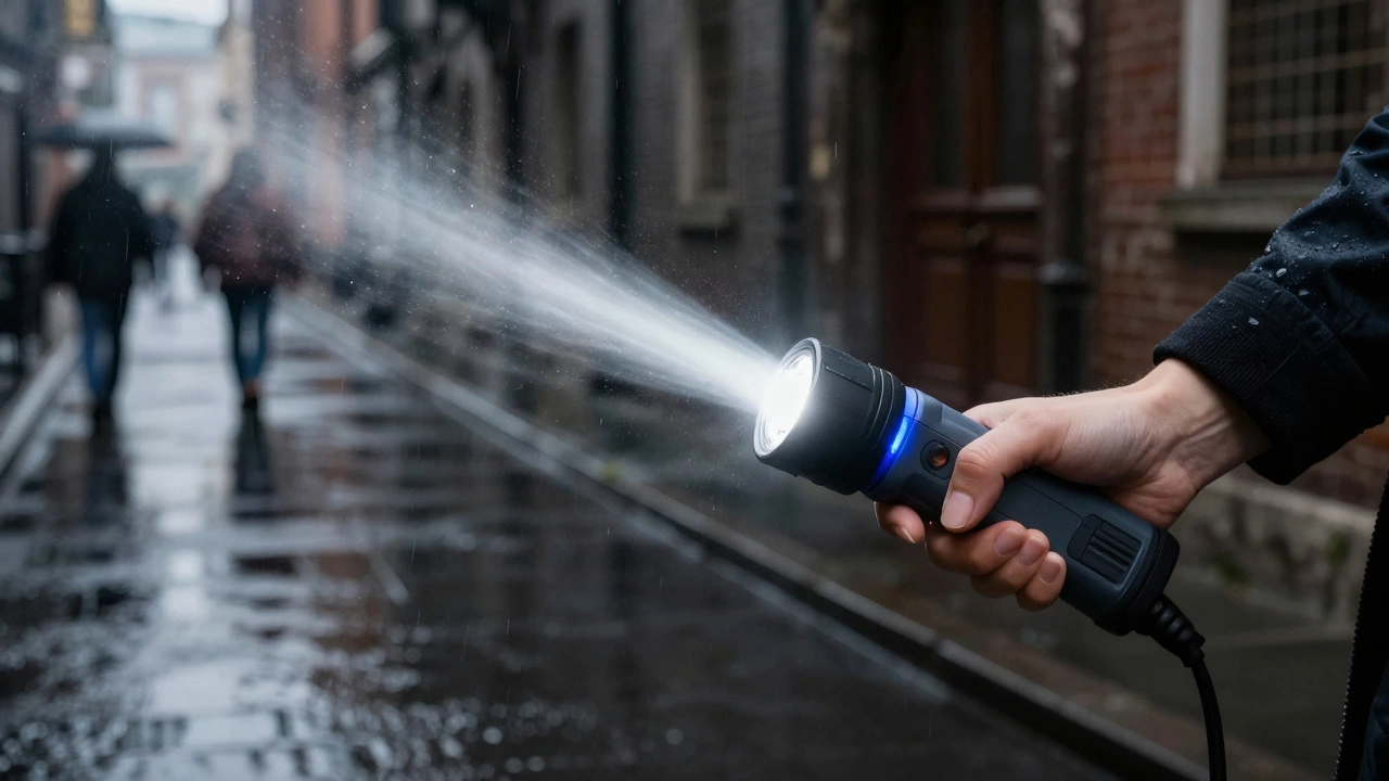 Женщина использует фонарик-шокер: яркий свет и электрические контакты активны в темной улице.